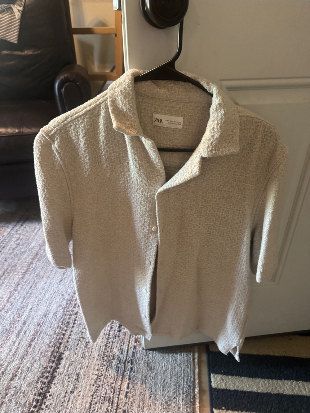 Zara Cream Textured Short Sleeve Button-Up Shirt